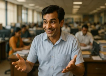 Smiling Indian man confidently gesturing in a busy Mumbai office
