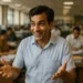 Smiling Indian man confidently gesturing in a busy Mumbai office
