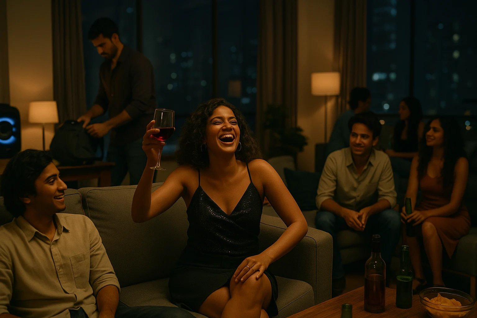 Ritika laughs with a glass of wine at a Mumbai apartment party while a man in the background packs his bag to leave.