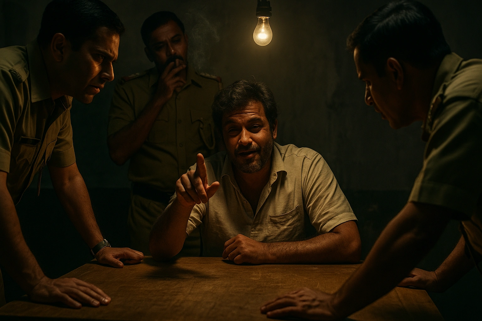 Rakesh Sharma smirking under interrogation light as police officers surround him