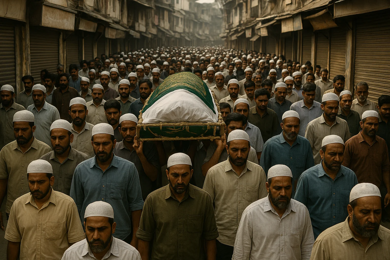 A massive janaza procession moves through the narrow lanes of Dharavi, with thousands of mourners and shops closed in respect.