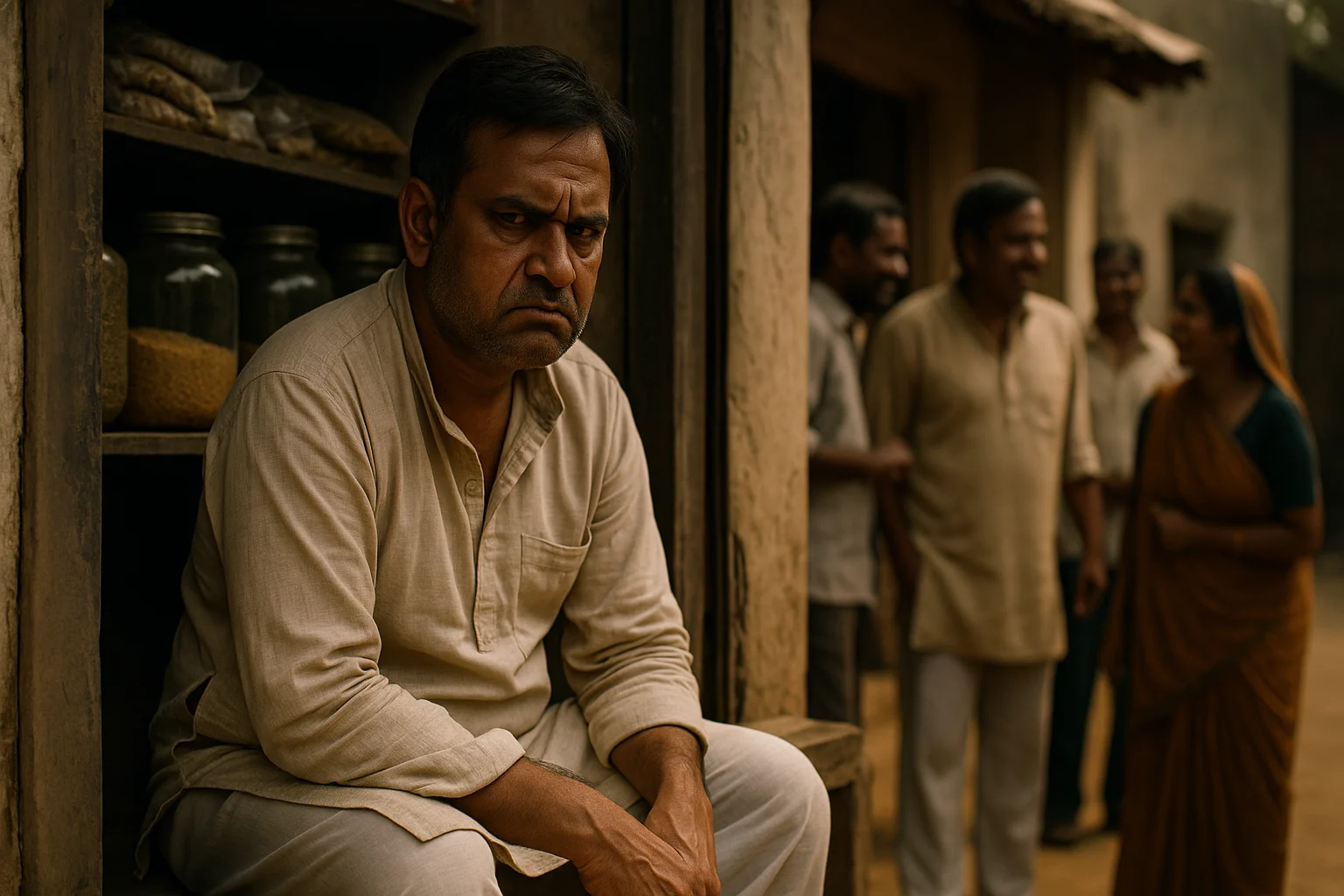 Middle-aged Indian man in kurta-pajama sitting outside a village grocery shop with a bitter, jealous expression.