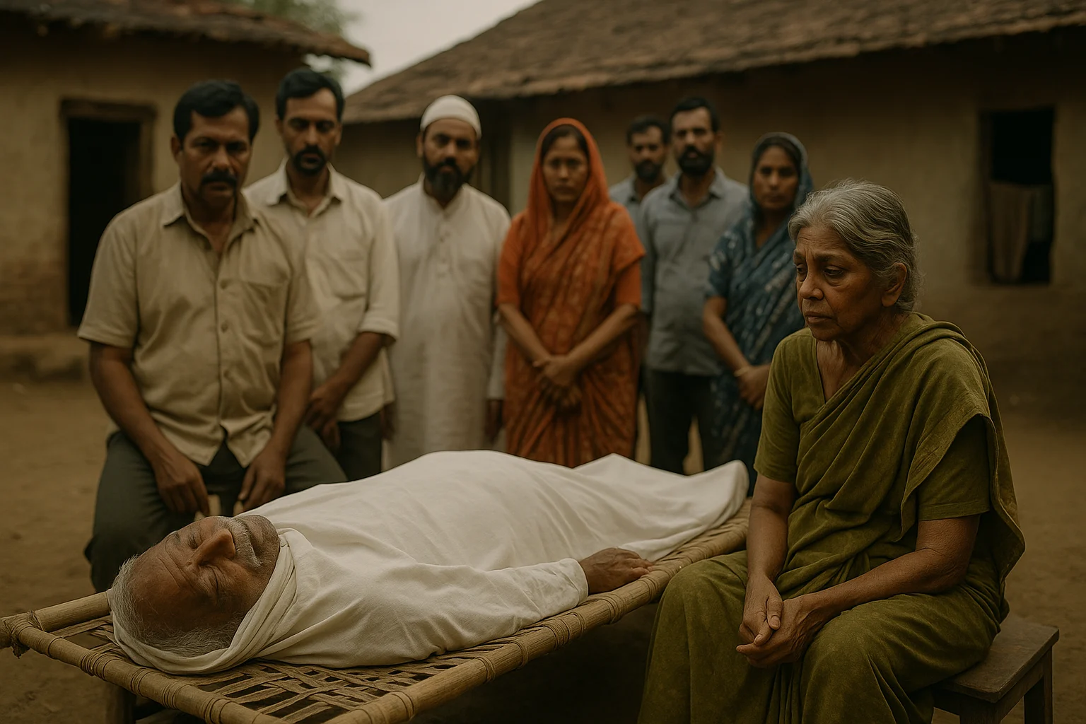 Villagers stand solemnly at Rameshwar’s funeral as his widow sits silently beside his body wrapped in a shroud.