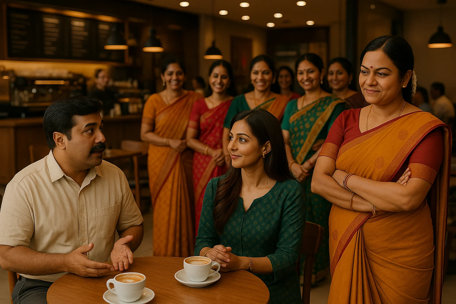 Indian man at café with another woman as his wife arrives with a group of friends.
