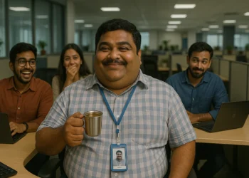 Laughing coworkers surround a cheerful, chubby Indian man with coffee in tech office