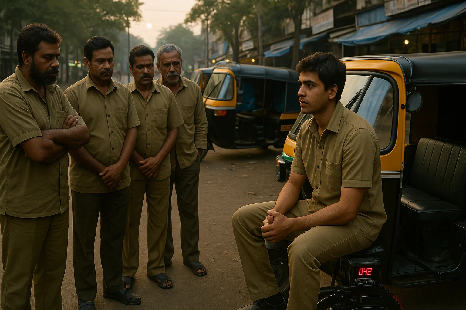 Mumbai autorickshaw driver speaking seriously to fellow drivers in the morning.