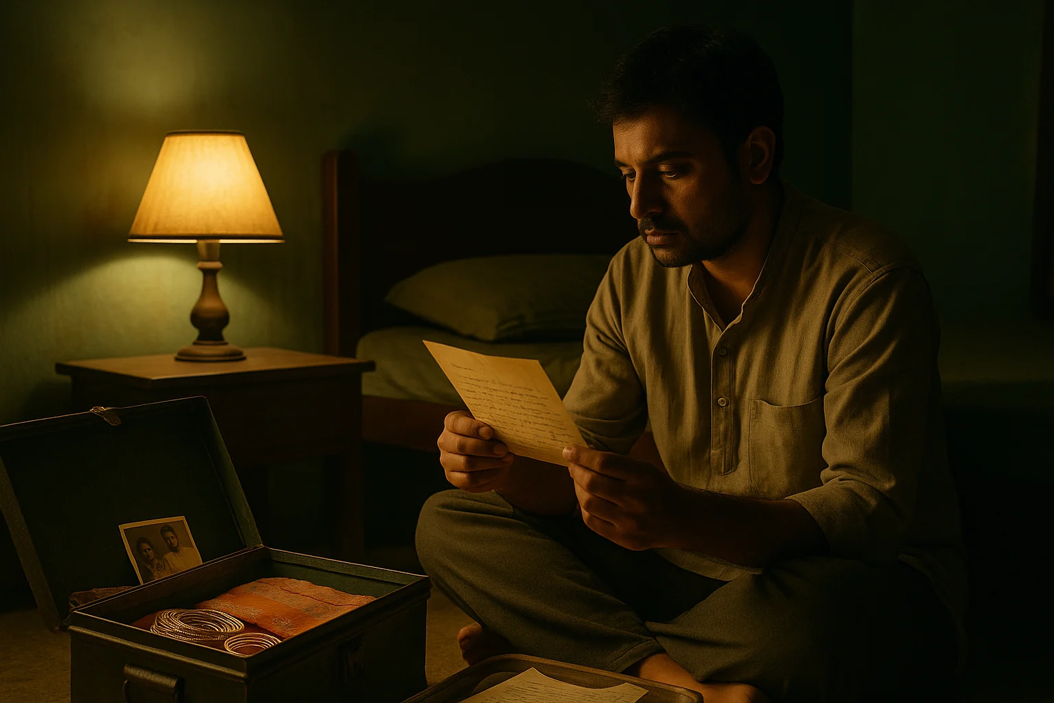 Indian man reading an old letter beside an open steel trunk containing bangles and family photos.