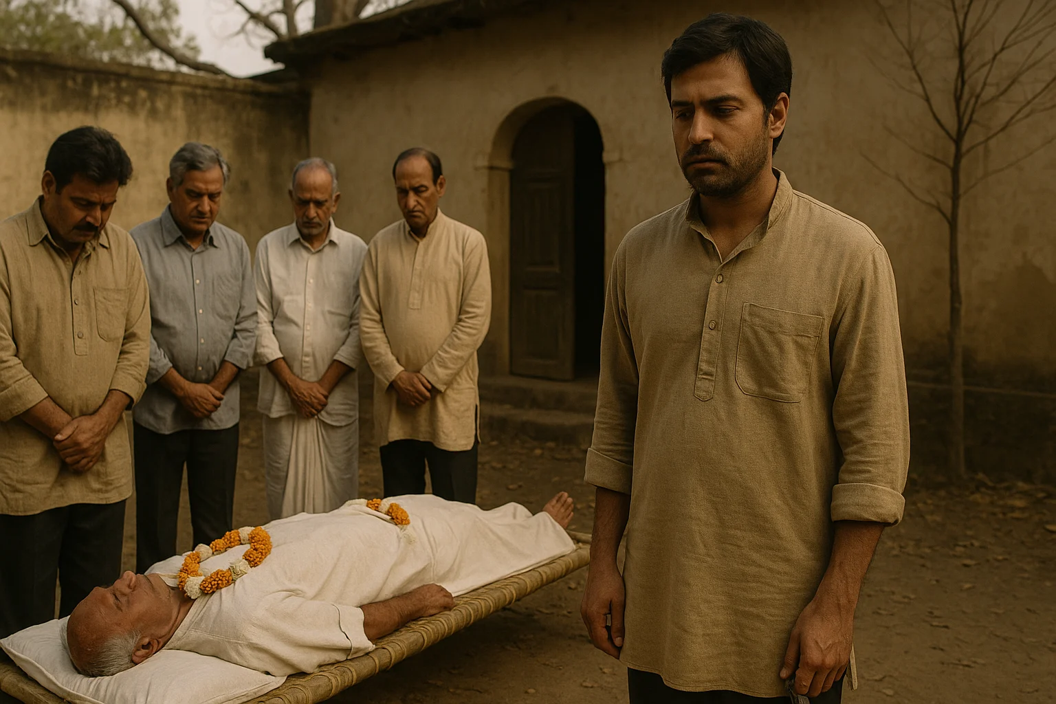 Hindu funeral in Jharkhand courtyard, son standing apart holding keys in a somber winter scene.