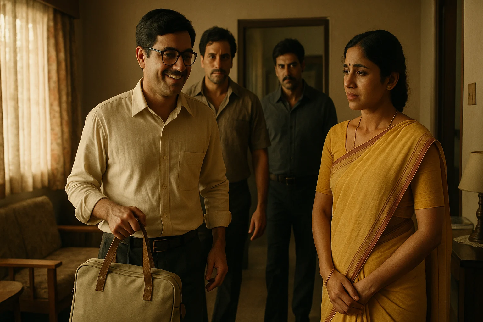 Smiling man enters room with bag as woman in yellow saree watches, plainclothes officers behind
