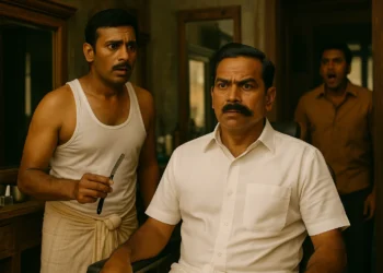 Periyasamy sits in shock at the barbershop, his moustache shaved off on one side while the other remains intact, as Muthu freezes with a razor and Kannan bursts in.