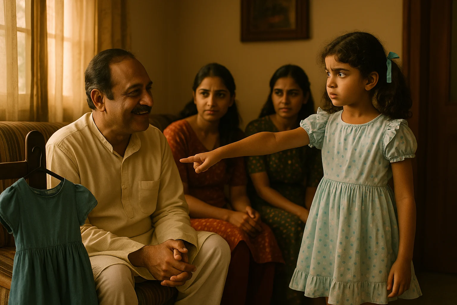 A pampered young Indian girl insists on a blue dress while her father smiles and sisters watch silently in a Lucknow living room.