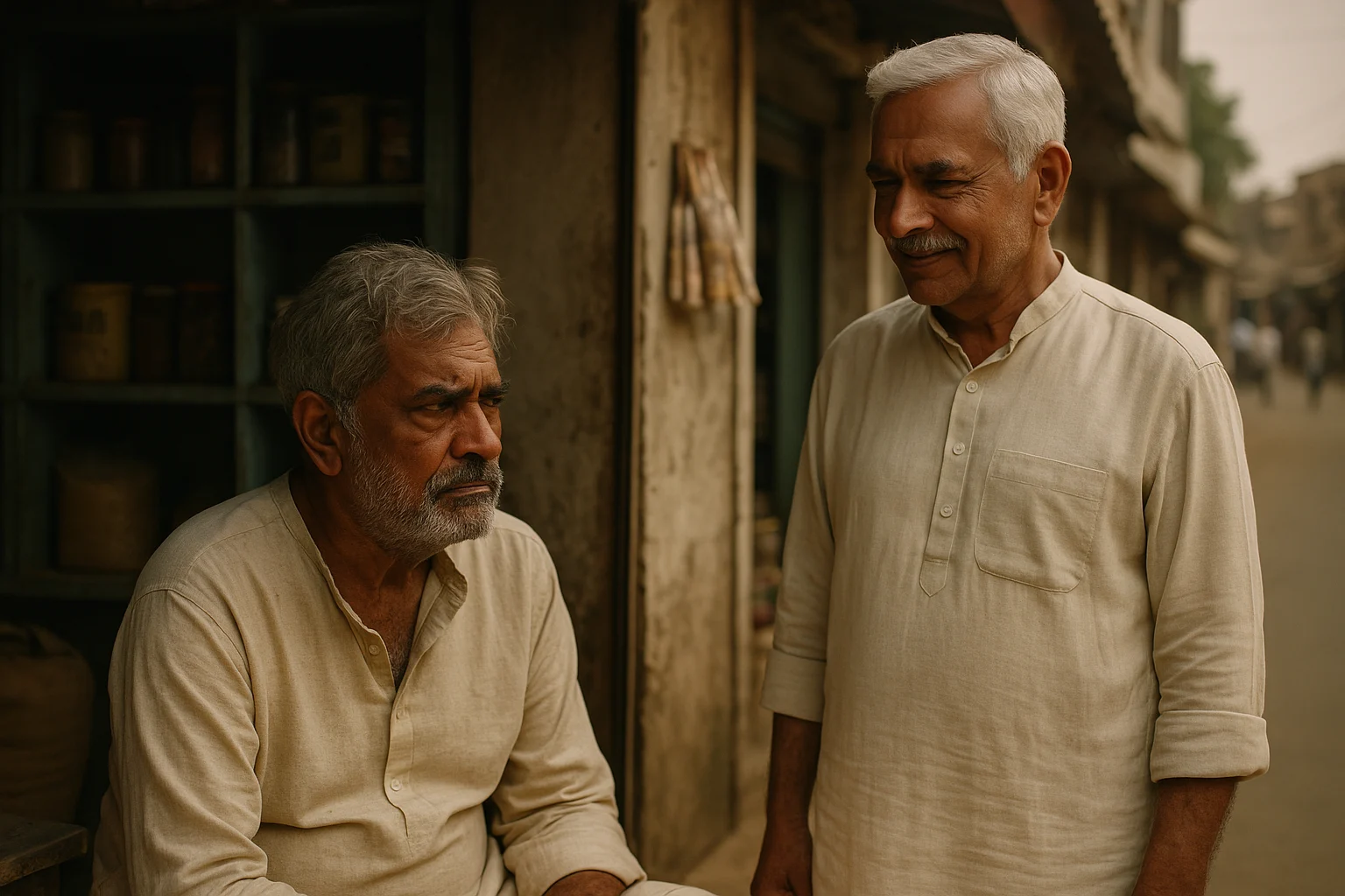 Elderly Rameshwar sits bitterly outside his failing shop as Mahesh, calm and content, stands smiling before him.