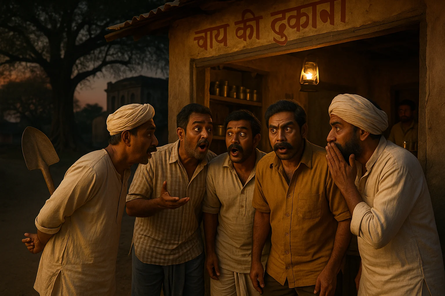 Villagers gossiping at a Rampur tea shop while one man hides a spade behind him, banyan tree and haveli in the background.