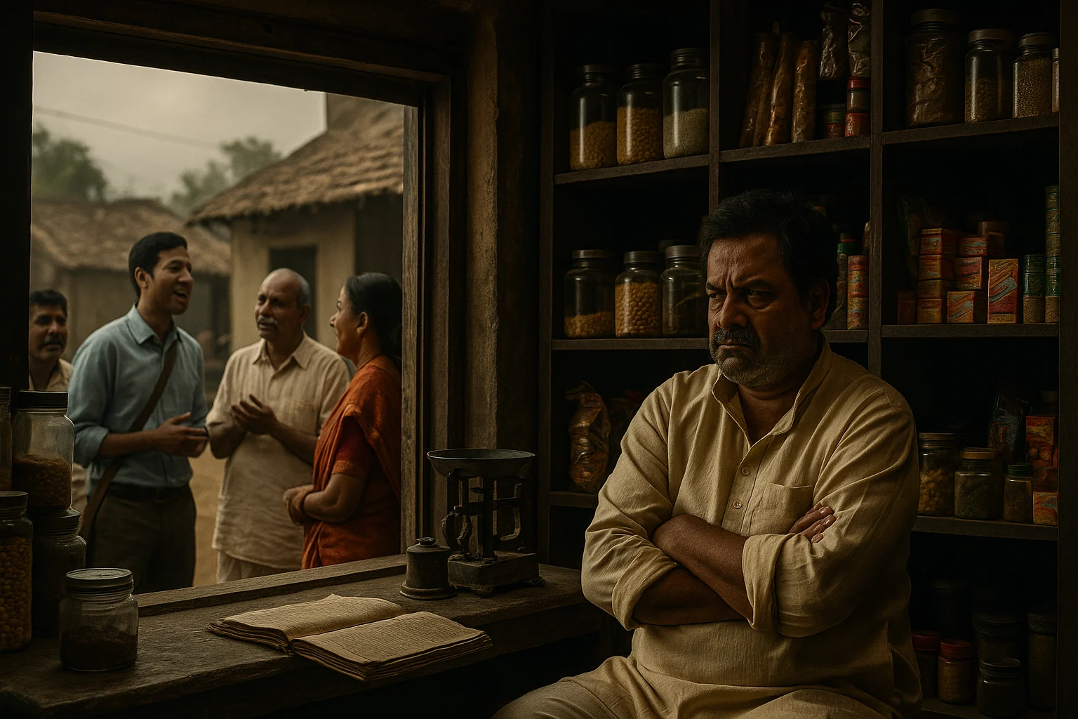 Indian shopkeeper sitting bitterly inside a dusty, empty grocery shop while villagers outside celebrate progress.