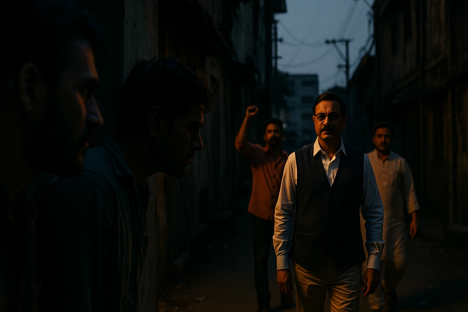 Two robbers hiding in shadows while Arvind Shastri walks with supporters