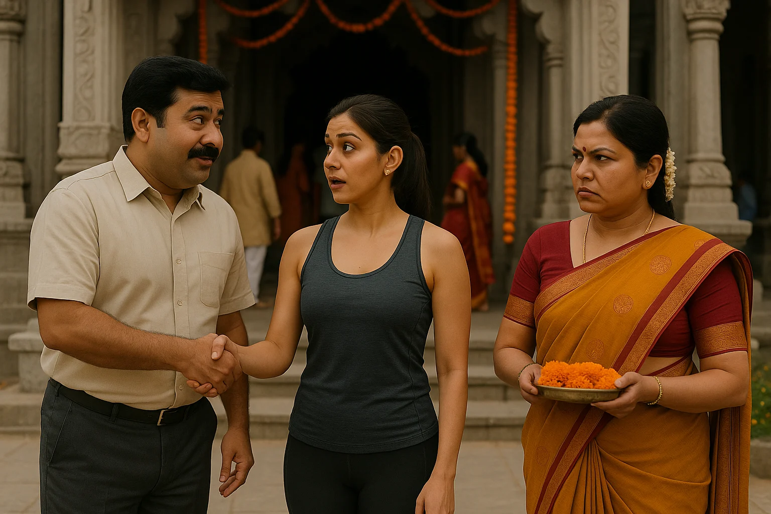 Indian man awkwardly shaking hands with woman in gym clothes while wife watches outside temple.
