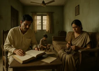 Indian family in a modest Jharkhand home, father with ledger, mother stitching, child playing quietly.