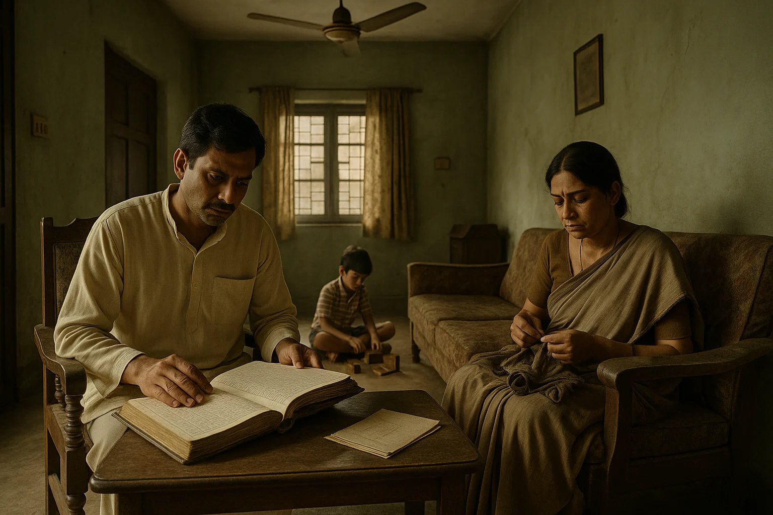 Indian family in a modest Jharkhand home, father with ledger, mother stitching, child playing quietly.
