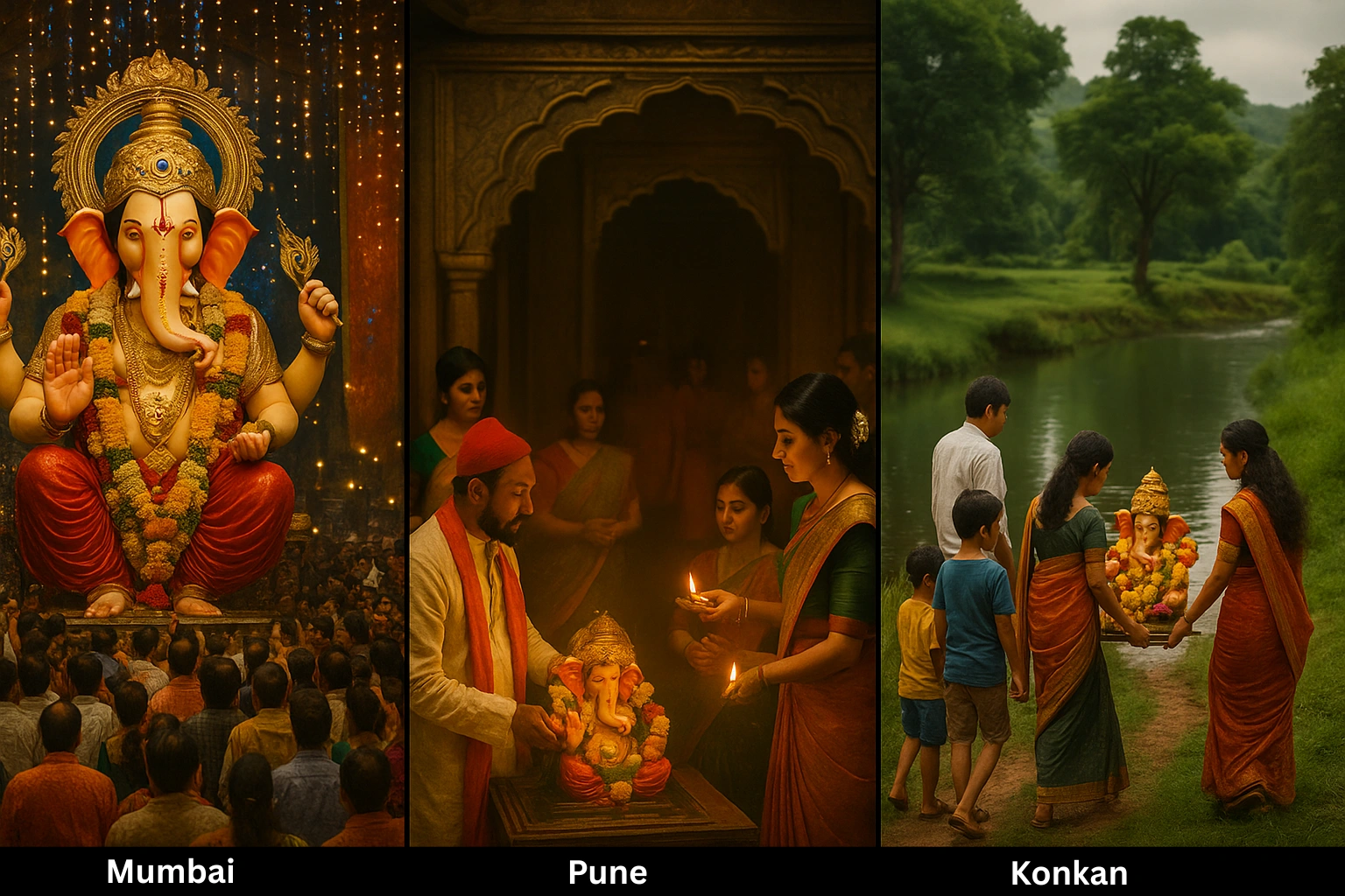 Montage showing Ganesh Chaturthi in Mumbai with Lalbaugcha Raja, Pune’s Manache Ganpati, and Konkan’s eco-friendly clay idol immersion.