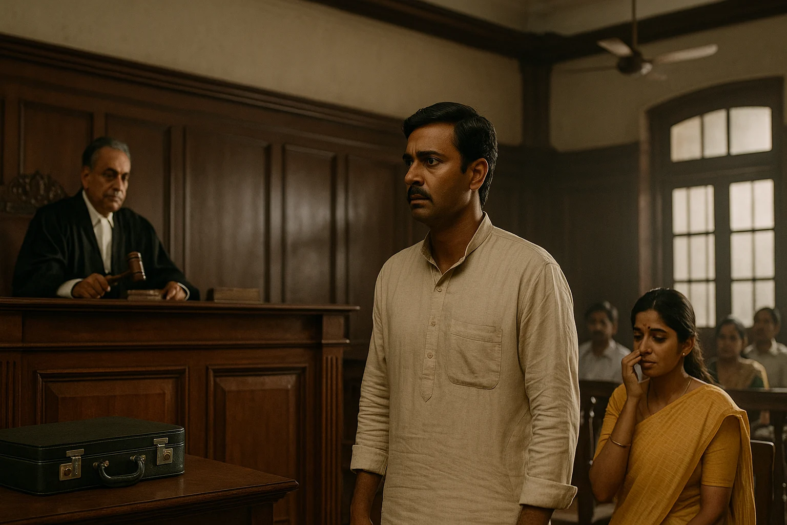 Indian man in kurta stands in courtroom as judge delivers verdict, woman sobs in gallery