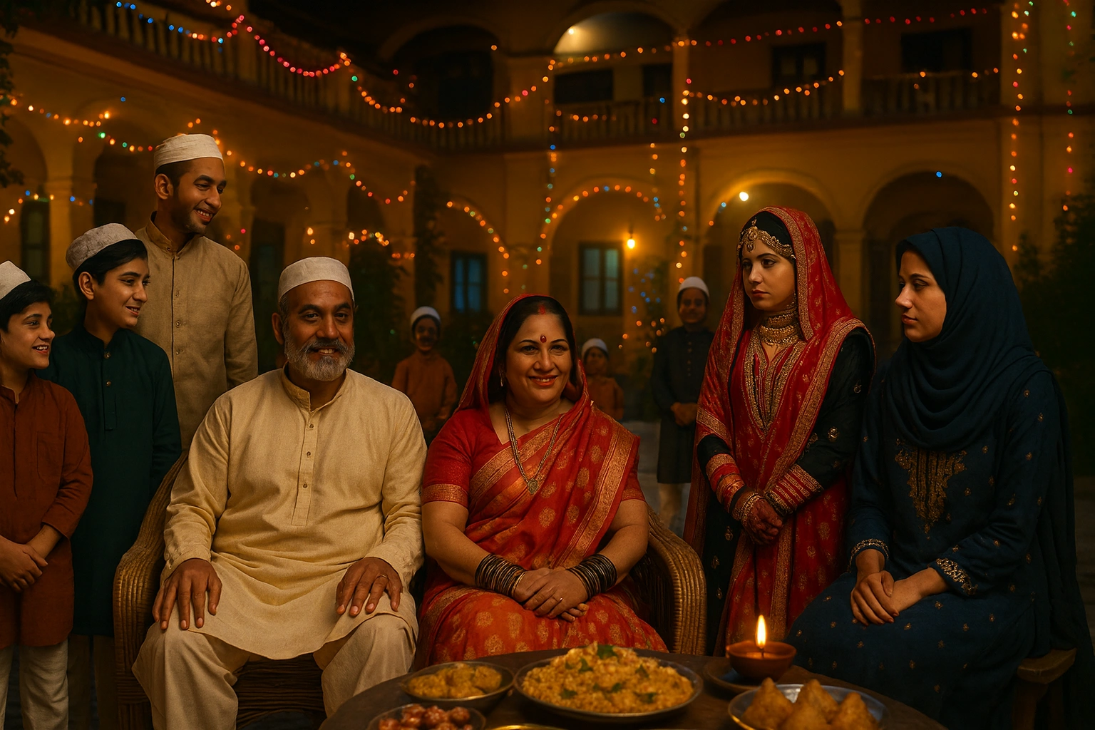 A Muslim family celebrates in their courtyard with festive lights as the new bride in traditional Muslim wedding attire stands tensely beside Ayesha.