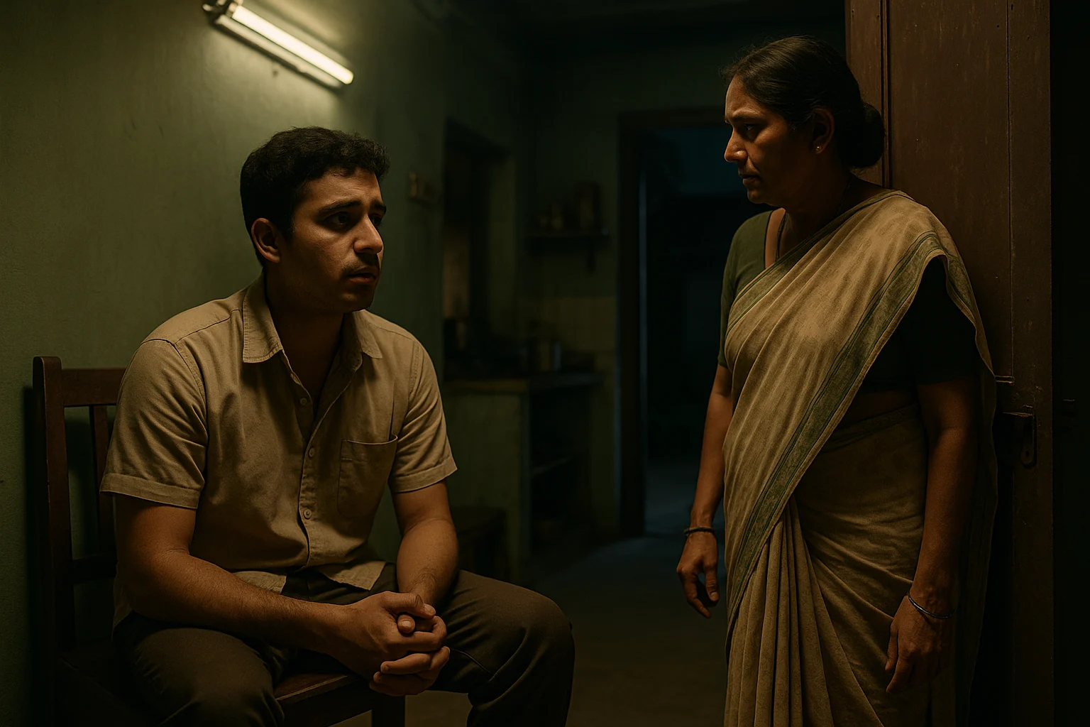 Young Mumbai rickshaw driver sitting pale and shaken as his mother looks on with concern.