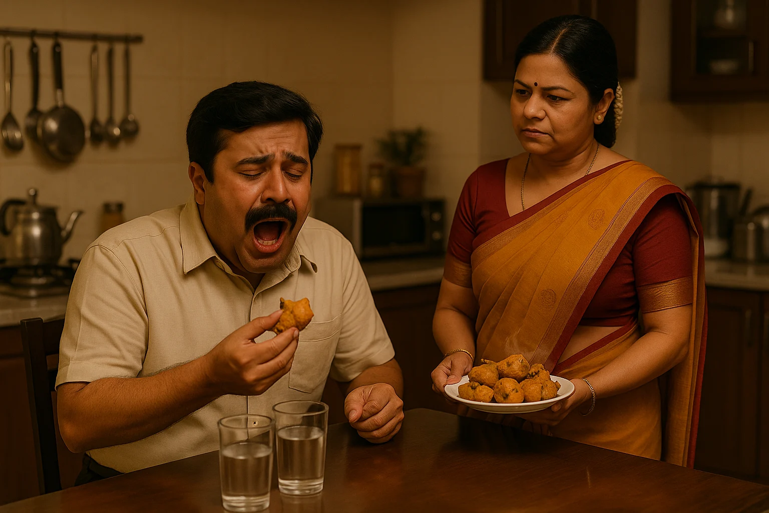 Indian man eating spicy pakora while wife watches with amused sternness.