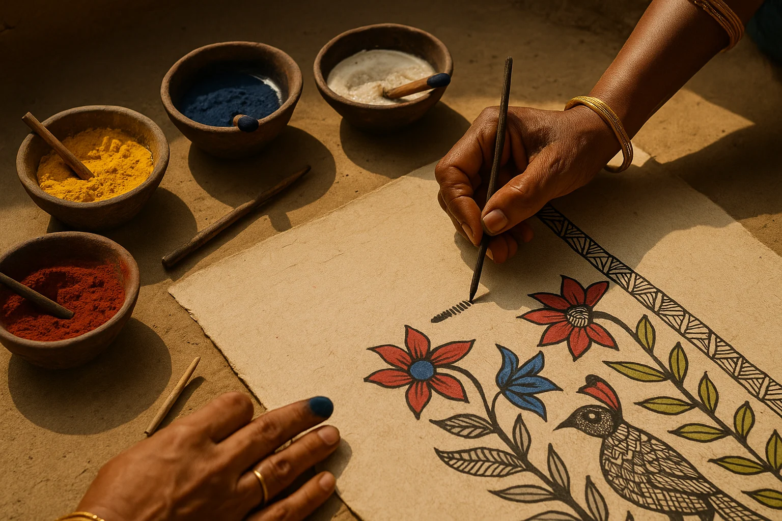 Artisan using twigs and natural pigments to create Madhubani painting on handmade paper.