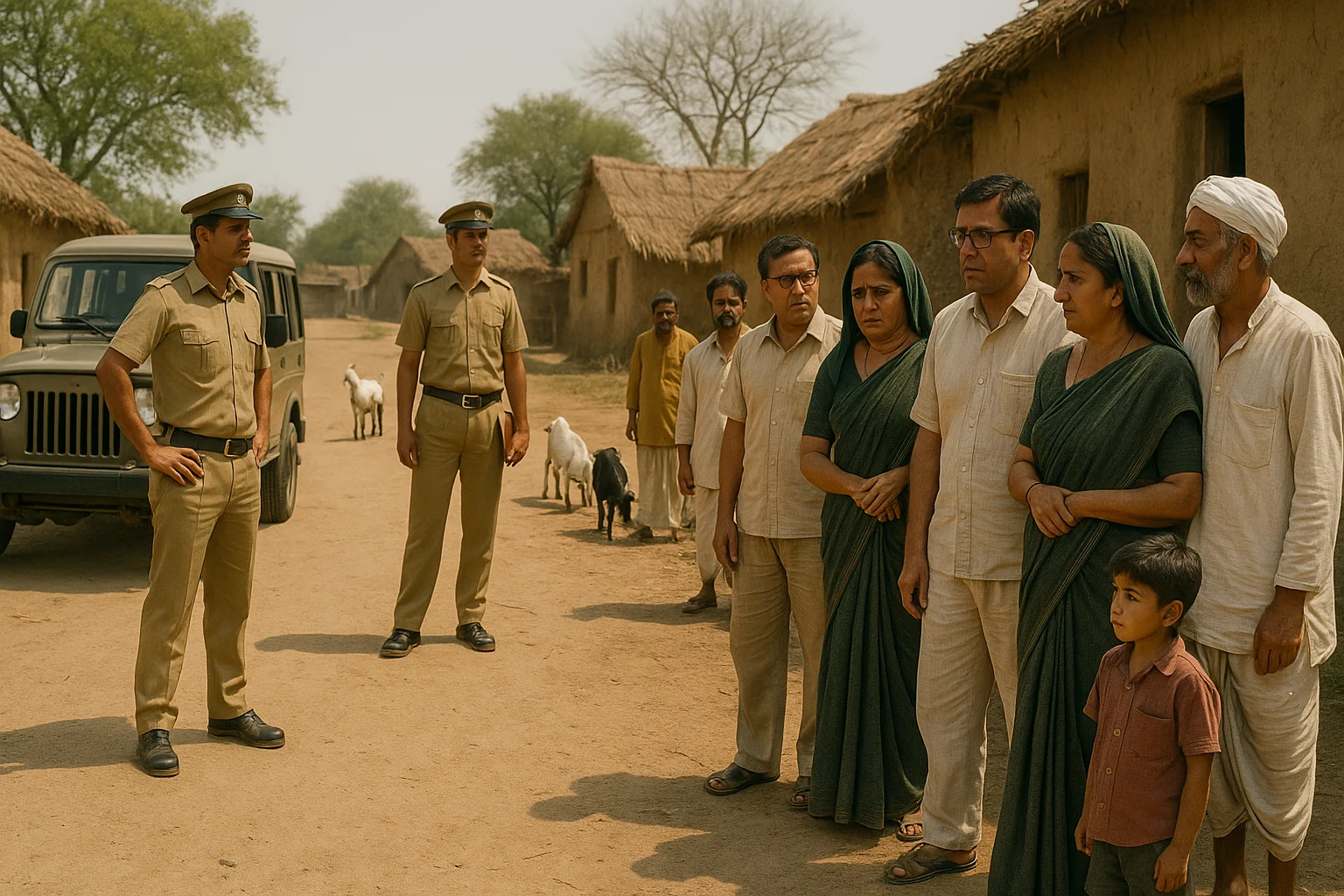 Government jeeps and uniformed officers confront villagers in Rampur, while locals pretend innocence with goats nearby.