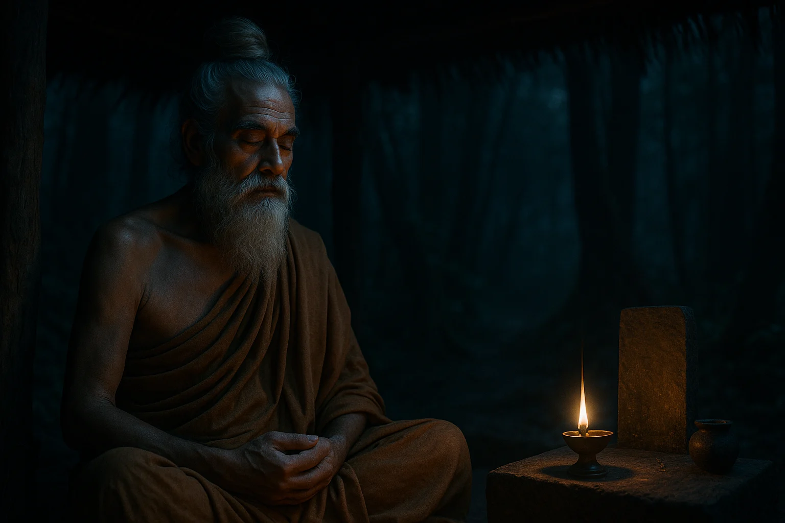 A sage meditating in a forest hermitage with an oil lamp glowing on a stone altar.