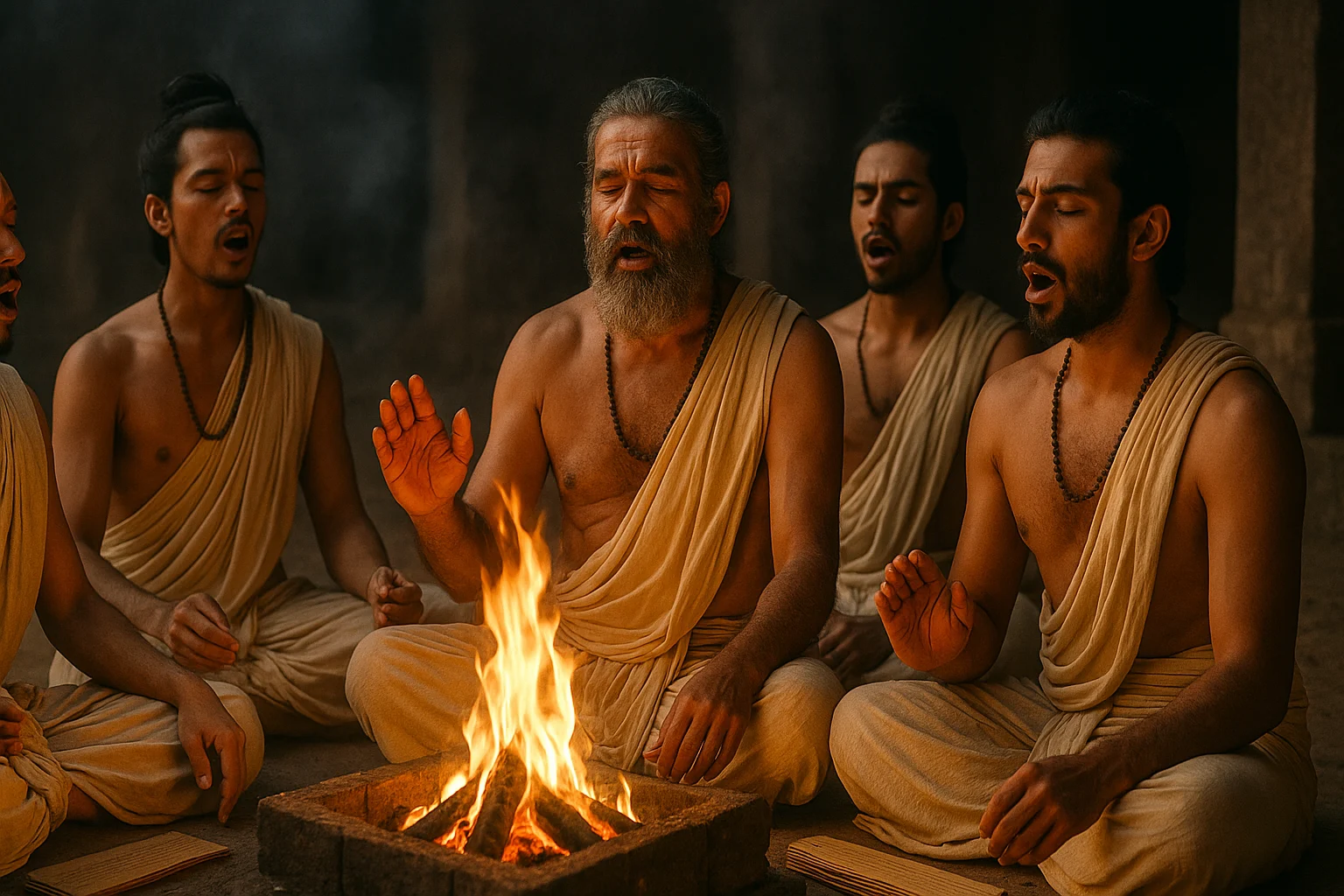 Vedic scholars chanting around a sacred fire with palm-leaf manuscripts.