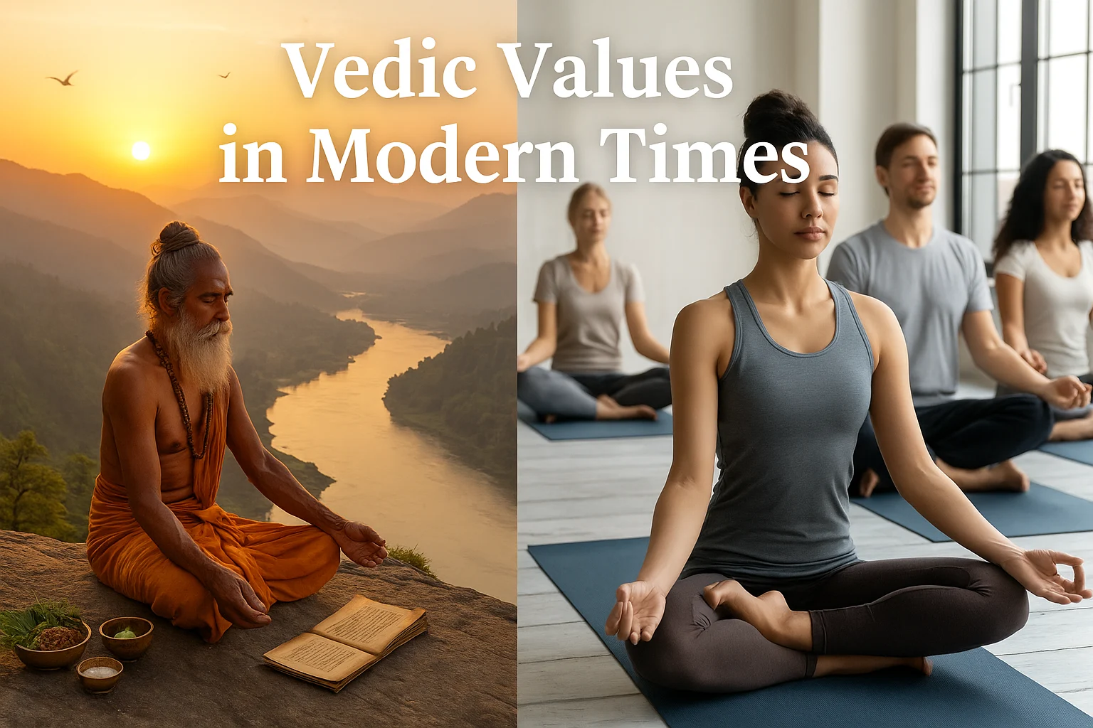 Split-screen showing a yogi meditating by a river at sunrise and a modern yoga class indoors.