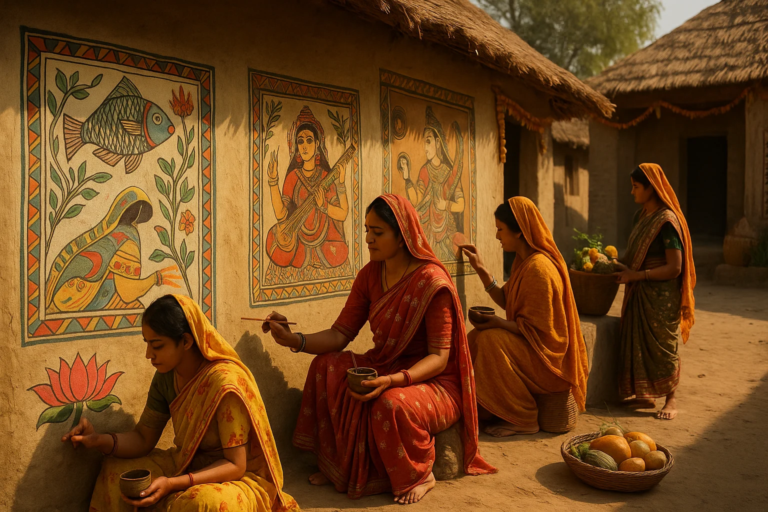 Women painting Madhubani murals on mud huts in a Bihar village using natural pigments and twigs.