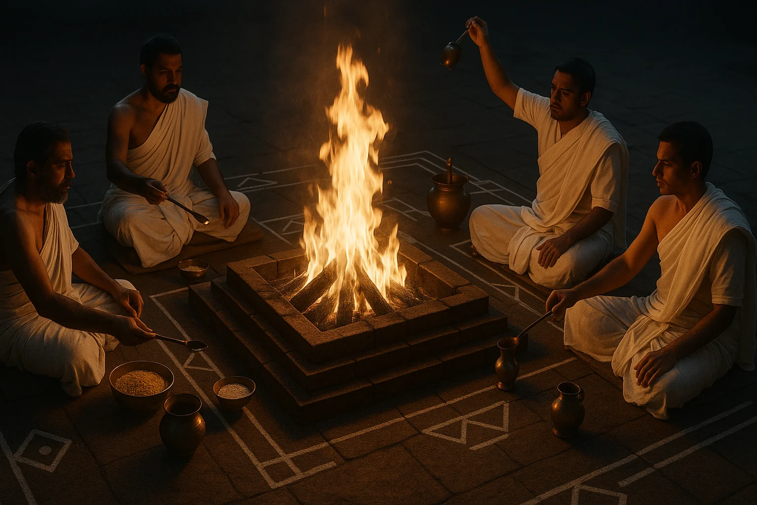 Vedic priests performing a yajna with grains and sacred offerings around a geometric altar fire.