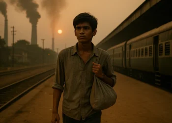 Young boy from Dhanbad walking on railway platform with a small cloth bag as coal smokestacks rise in the background.