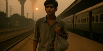 Young boy from Dhanbad walking on railway platform with a small cloth bag as coal smokestacks rise in the background.