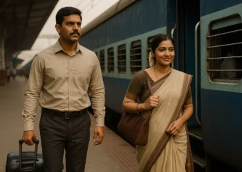Newlywed Indian couple boarding a train at Ahmednagar station, starting their new life in Bengaluru.