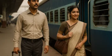 Newlywed Indian couple boarding a train at Ahmednagar station, starting their new life in Bengaluru.