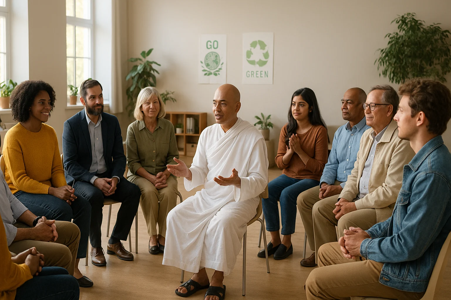 A Jain monk leading a diverse group in a peace dialogue inside a community hall with eco-posters and plants.