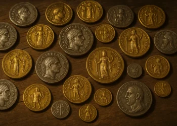 Gold and silver Indo-Greek and Kushan coins with portraits and deities on a wooden surface.
