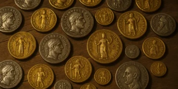 Gold and silver Indo-Greek and Kushan coins with portraits and deities on a wooden surface.