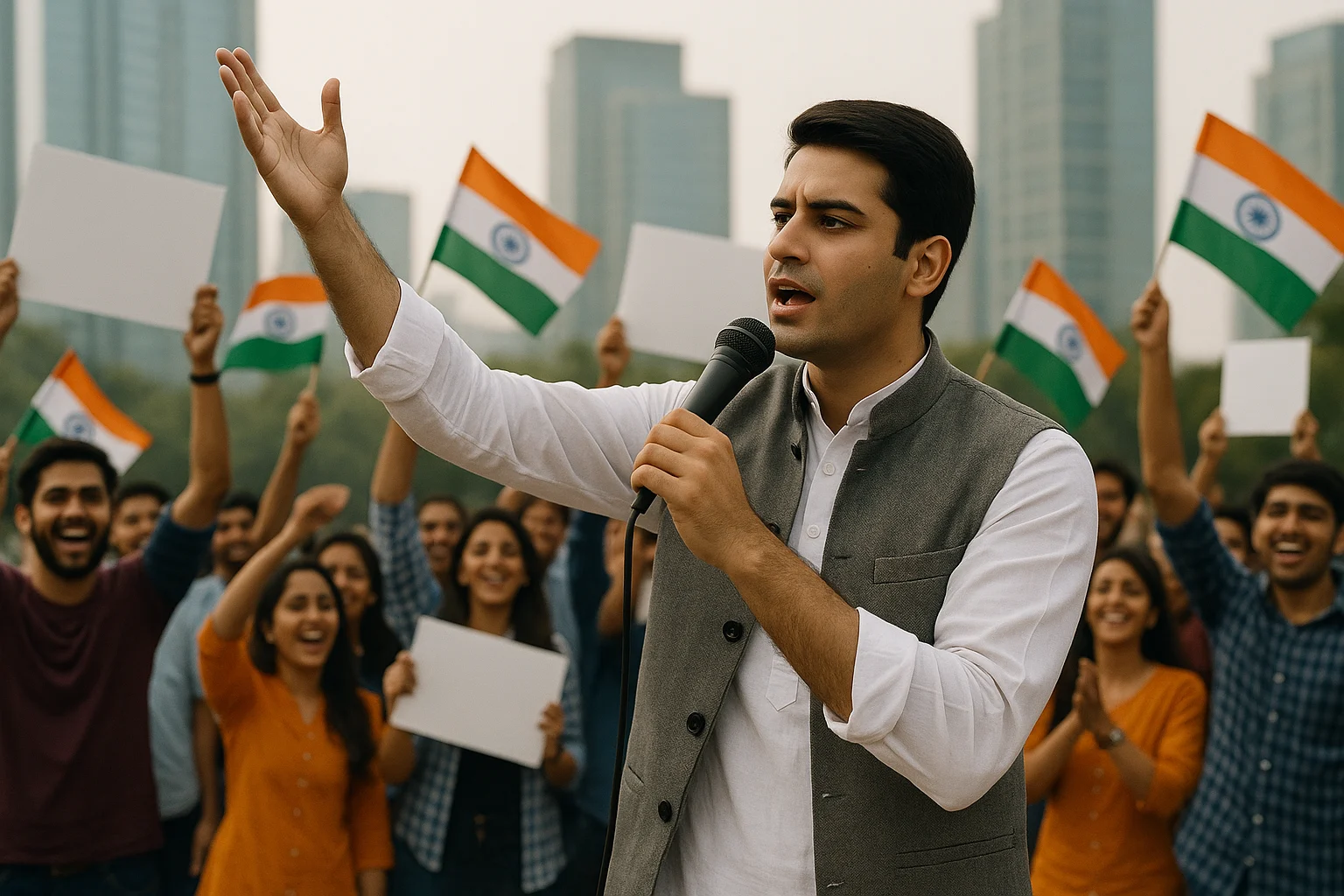 Young Indian political leader Arjun Mehra addressing students in Gurugram with flags waving