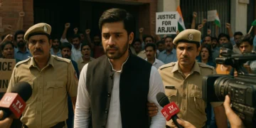 Arjun Mehra escorted by police as supporters protest outside a Gurugram police station