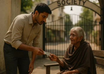 Young Indian man Arjun hands a ₹100 note to an elderly lady sitting on a bench at the society gate, her eyes filled with gratitude.