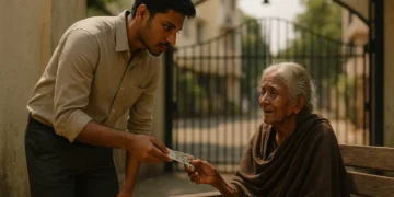 Young Indian man Arjun hands a ₹100 note to an elderly lady sitting on a bench at the society gate, her eyes filled with gratitude.