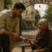 Young Indian man Arjun hands a ₹100 note to an elderly lady sitting on a bench at the society gate, her eyes filled with gratitude.