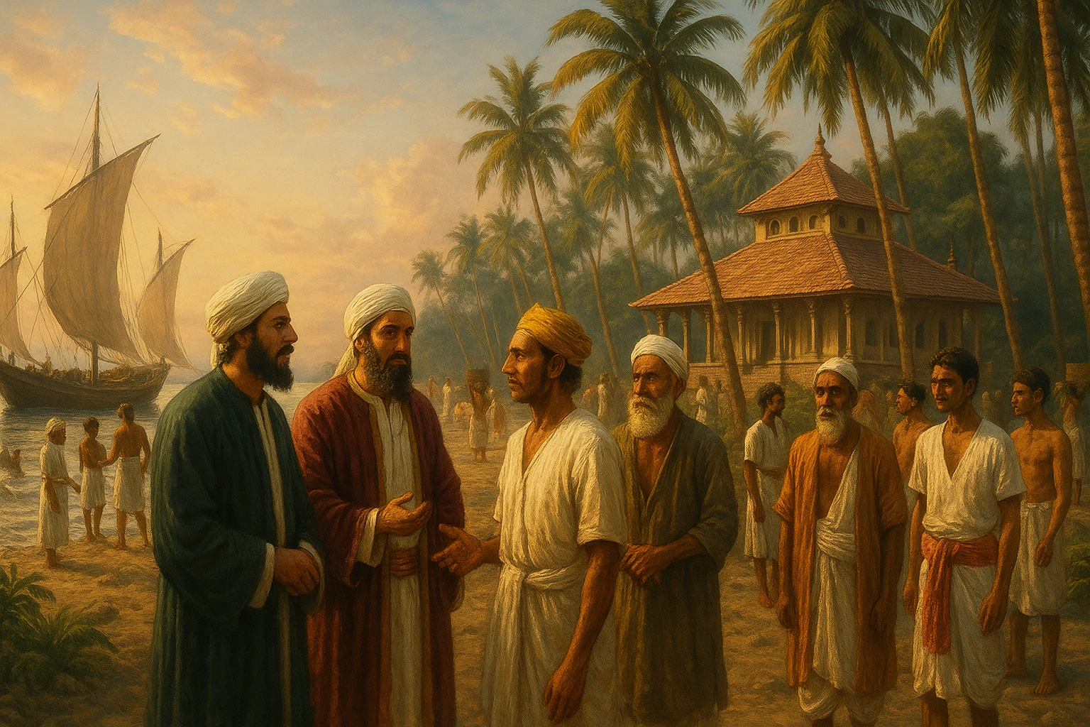 Arab traders meeting local rulers on Kerala’s Malabar coast near the Cheraman Juma Mosque in the 7th century.