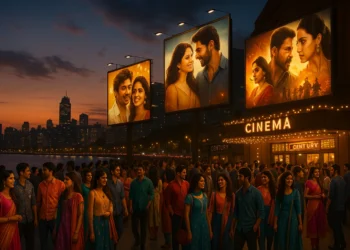 Mumbai city skyline at twilight with crowds outside a cinema hall glowing with Bollywood posters