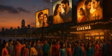 Mumbai city skyline at twilight with crowds outside a cinema hall glowing with Bollywood posters
