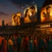 Mumbai city skyline at twilight with crowds outside a cinema hall glowing with Bollywood posters